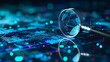 © Fuji - magnifying glass over digital business database. Generative Ai
