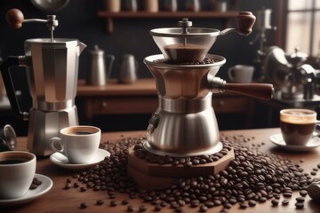 Wall Mural - Coffee grinder with cup of coffee and beans on table