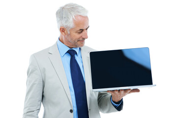 Poster - Manager, businessman and laptop screen in studio isolated on a white background mockup space. CEO, senior and professional with computer display, advertising and show promotion information on tech