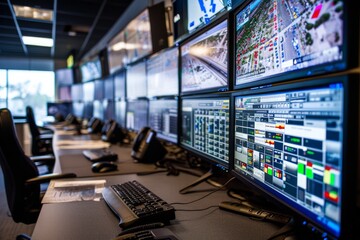 The central command center for traffic control with numerous traffic camera feeds