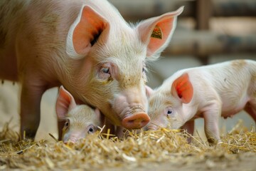 A group of piglets feeding from their mother