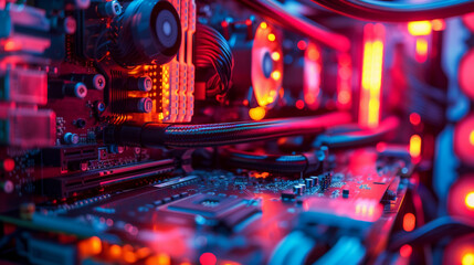 A close-up of a high-performance gaming PC's internal hardware with vibrant neon lighting, emphasizing advanced technology.