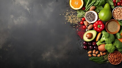 Healthy food clean eating selection: fruit, vegetable, seeds, superfood, cereal, leaf vegetable on gray concrete background. copy space for text.