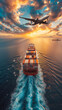 © BAHADIR YENICERI - Aerial view and top view cargo plane flying above ship port in the export and import logistics international goods.