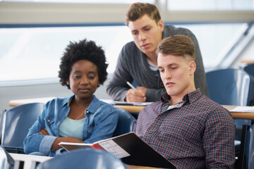 Poster - Studying, learning or group of students in classroom planning for education or info in college project. Knowledge, university or friends with teamwork in school meeting for research or reading books