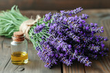 Fototapeta Lawenda - Lavender Essential Oil with Fresh Blooms for Aroma Therapy