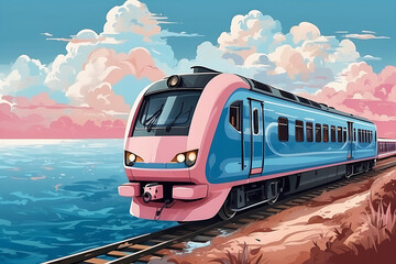 An illustration of a train gliding across the sea beneath a serene blue sky adorned with white clouds, accentuated by beautiful hues of blue and light pink