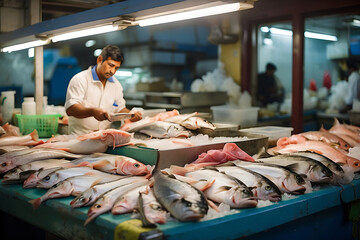 A variety of fish displayed on a table for sale in the local shop