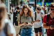© BOONJUNG - Nomophobia, people walking outdoors at the city street holding their smartphone