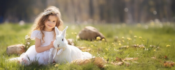 Wall Mural - A Little Girl Posing with a White Bunny