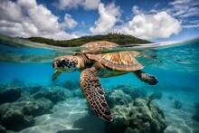 AI Generated Illustration Of A Green Sea Turtle Swimming Underewater In The Daylight