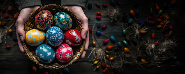 Canvas Print - Colorful Easter eggs in a wicker basket