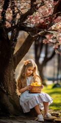 Canvas Print - A little girl with beautiful hair is sitting under a tree, holding a basket of lemons.