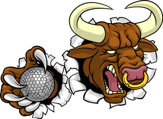 Wall Mural - A bull or Minotaur monster longhorn cow angry mean golf mascot cartoon character.