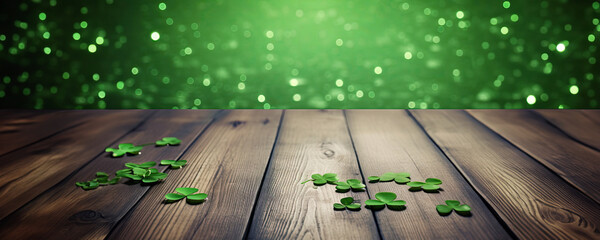 Wall Mural - Lucky Irish Clovers Puzzle Pieces Spreading on a Wooden Floor