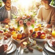 Close-up of a family gathering around a sunlit Easter brunch table adorned with fresh flowers and seasonal fruits Warm and convivial Ideal for Easter feast-themed designs 