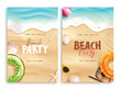 © AmazeinDesign - Summer beach party text vector poster set design. Summer party invitation card collection with seashells and floaters beach elements in seashore sand background. Vector illustration summer party