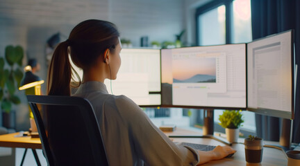 woman programming with two monitors in office, creating SaaS platform for start-up