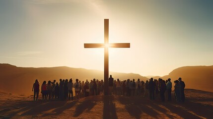 Silhouettes of people next to large cross. Yellow and golden rays of bright light. Crowd with Christian symbol. Concept of faith and religion. AI generated