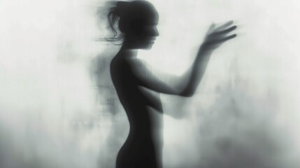 Wall Mural - Female blurred silhouette on a grey background. Elegant outline of a woman in motion out of focus