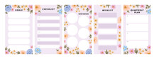 Collection Of Floral Planner Template For Daily Notepad, Weekly Schedule, Agenda, Memo, To Do List, Organizer, Checklist, Decorated With Colorful Flower And Nature Elements