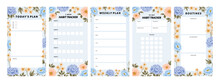 Collection Of Floral Planner Template For Daily Notepad, Weekly Schedule, Agenda, Memo, To Do List, Organizer, Checklist, Decorated With Colorful Flower And Nature Elements