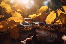 AI Generated Illustration Of A Snake Coiled Up Among Leaves And Foliage