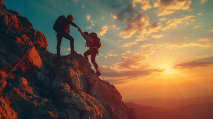 Wall Mural - Silhouettes of two people climbing on mountain, Teamwork couple helping hand, Helping hikers