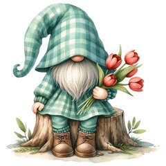 Wall Mural - cute gnome with tulip,spring gnome