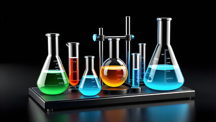 science lab chemistry set isolated on a black background. with black copy space. laboratory glassware with liquid