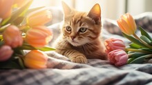 A Cute Fluffy Cat Is Lying On A Blanket Next To Tulips. Greeting Card For Women's Day, Valentine's Day.