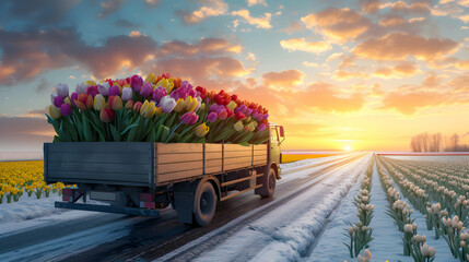 Wall Mural - Truck car with colorful tulip flowers on the road in a winter countryside with sunset. Concept of spring coming and winter leaving.