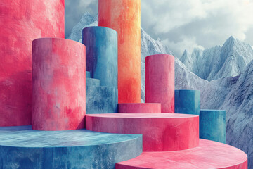 Poster - Multicolored Abstract Interior of a Room with Walls, Stairs and Openings in the Form of Geometric Shapes extreme closeup. Generative AI