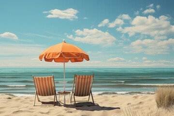 Poster - Modern Beach Chairs with Umbrella on a Sand Ocean Beach extreme closeup. Generative AI