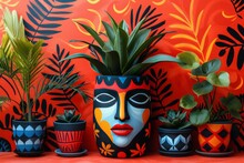 Decorative Plant Pots With Artistic Face Designs On Patterned Red Background