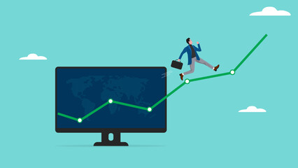 business growth progress, increase business performance, improvement investment profit for career success, happy businessman running on growing graph from computer laptop concept vector illustration