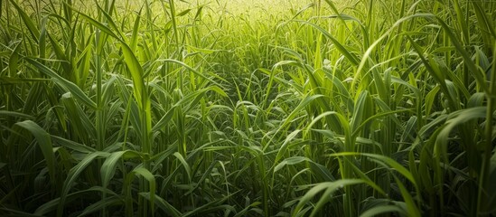 Poster - A beautiful natural landscape consisting of a vast field of tall green grass, with sunlight filtering through the leaves of terrestrial plants.