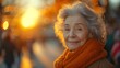 © ILove - A smiling elderly woman in an orange scarf basks in the warm glow of sunset, surrounded by a bustling city atmosphere., AI generated
