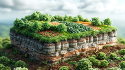 Poster - Agricultural land isometric illustration with crops on cutaway piece. Isolated green farm with clouds.