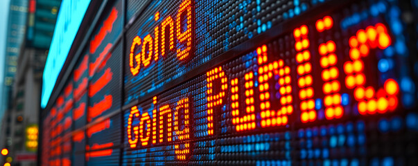 Poster - Going Public illuminated text on stock market LED display indicating a company's initial public offering (IPO) amidst financial data