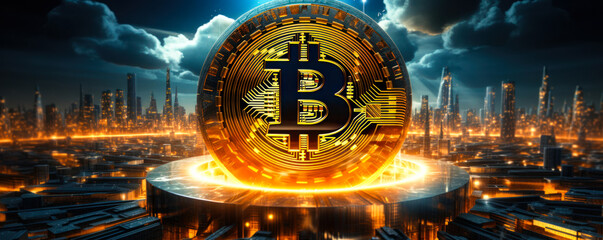 Poster - illuminated bitcoin symbol signifying the 2024 btc halving event within a digital cyber cityscape, r