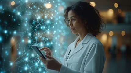 Poster - A doctor holds an electronic medical record on a tablet. DNA. Digital healthcare and network connection on a hologram interface. Science and innovation, Medical technology and network concept.