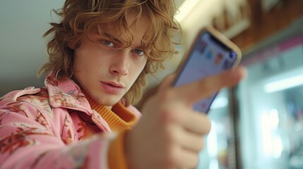 Poster - A collage with a website template shows a millennial redhaired guy pointing his finger at the camera, jumping with his mobile phone on a blue studio background.