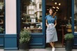 Nice hostess girl standing near entrance to small European style cafe. Reception of guests in restaurant. Pretty Young female waiter. AI Generated
