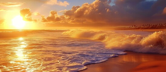 Wall Mural - The sky displays a beautiful afterglow as the sun sets over the ocean, casting a golden hue on the crashing waves and creating a serene atmosphere.