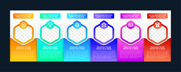 Poster - Company colorful gradient hexagon mosaic presentation template with team profile photos placeholders and some sample text about each frame member, dark version with space for photos. 