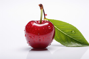 Wall Mural - Fresh red apple with water drops and green leaf. Healthy food and lifestyle.