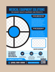 Poster - medical equipment solutions flyer design template corporate, business brochure with multicolored blue, annual report vector illustration, space for photo collage. vertical layout, pamphlet in A4 size,