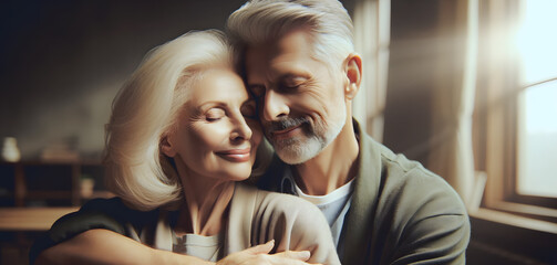 Wall Mural - Elderly couple hugging and smiling while spending time together at home, banner. Old aged love expression concept
