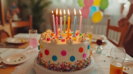 Wall Mural - Birthday cake with colorful candles and decorations on a festive table.